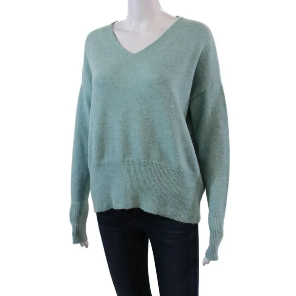 Renuar Womens Knitted Long Sleeve Ribbed Hem V-Neck Sweater Blue Size 1X